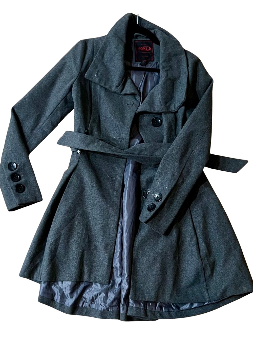 Yoki Charcoal Gray Wool Blend Belted Peacoat | Fit & Flare Coat
